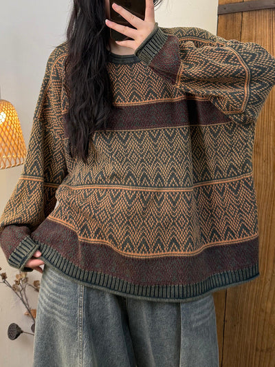 Women Autumn Retro Colorblock Knitted O-Neck Sweater