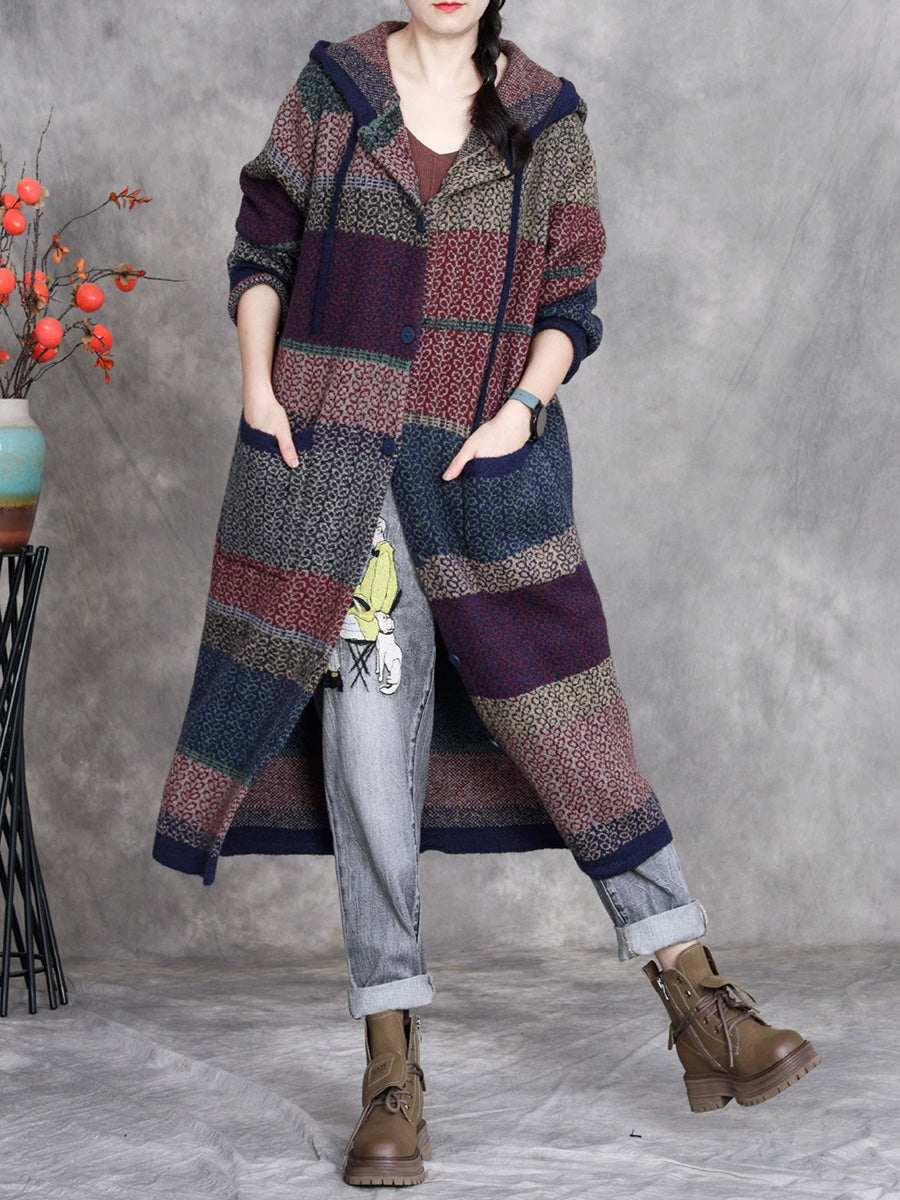 Women Retro Winter Colorblock Knitted Hooded Wool Coat