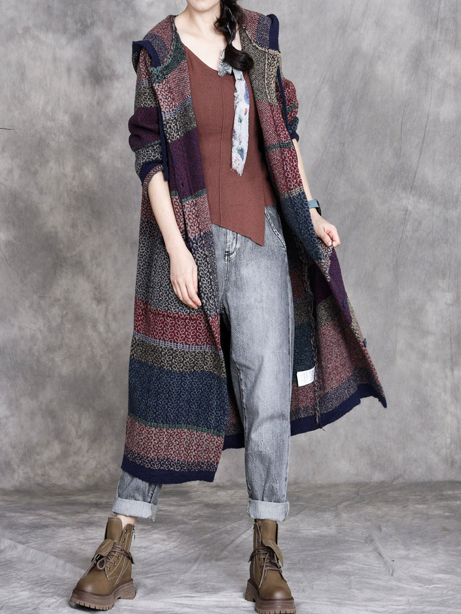 Women Retro Winter Colorblock Knitted Hooded Wool Coat