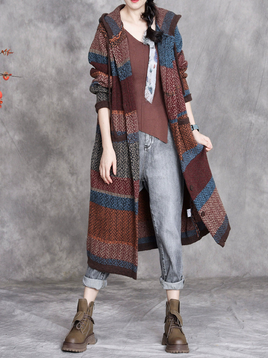 Women Retro Winter Colorblock Knitted Hooded Wool Coat