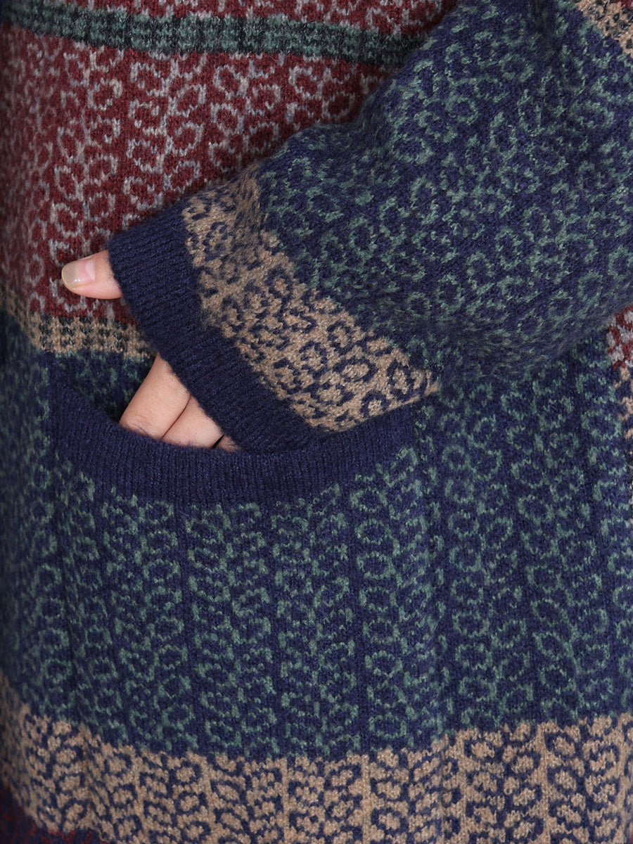 Women Retro Winter Colorblock Knitted Hooded Wool Coat