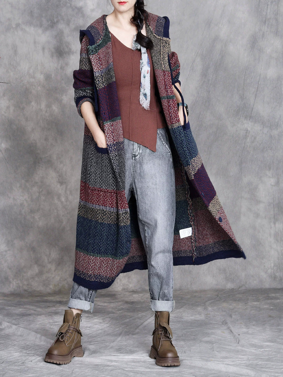 Women Retro Winter Colorblock Knitted Hooded Wool Coat