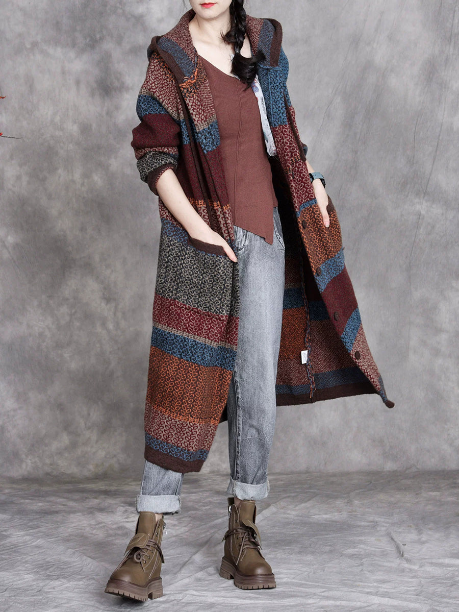 Women Retro Winter Colorblock Knitted Hooded Wool Coat