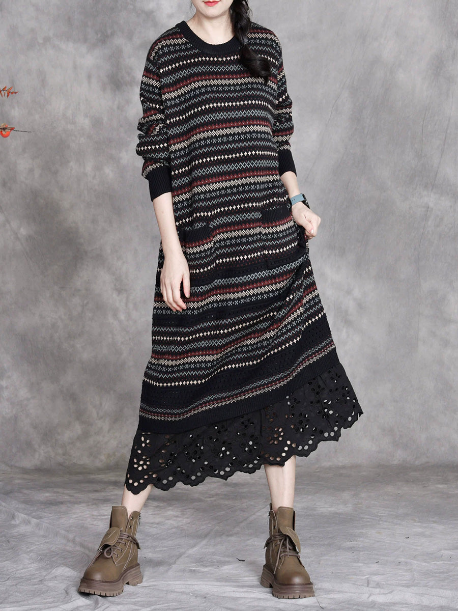 Women Autumn Artsy Stripe O-Neck Spliced Wool Dress