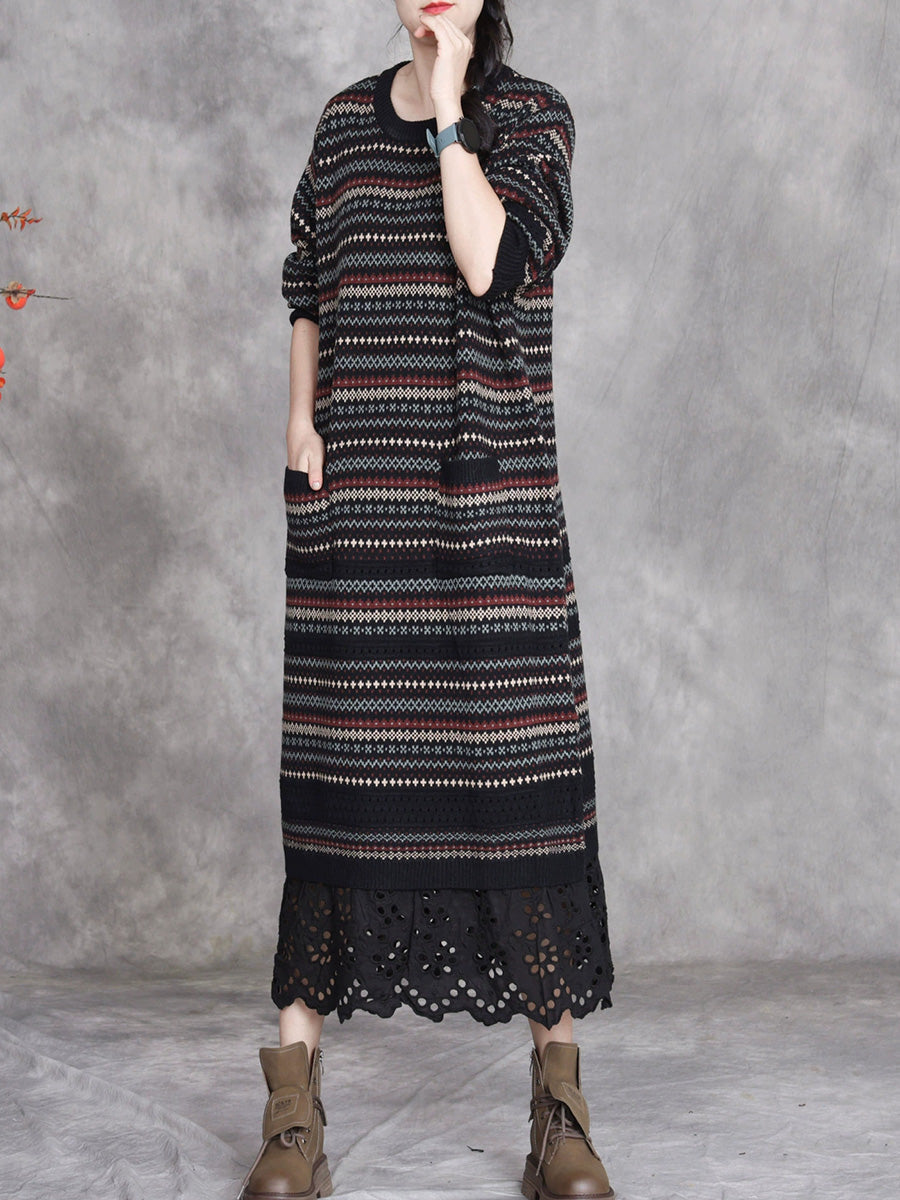 Women Autumn Artsy Stripe O-Neck Spliced Wool Dress