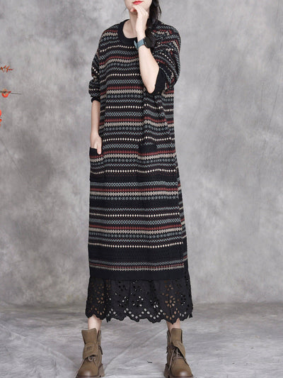 Women Autumn Artsy Stripe O-Neck Spliced Wool Dress