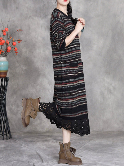 Women Autumn Artsy Stripe O-Neck Spliced Wool Dress