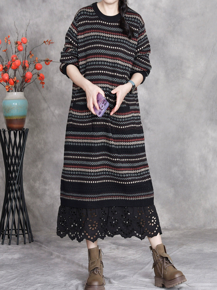 Women Autumn Artsy Stripe O-Neck Spliced Wool Dress