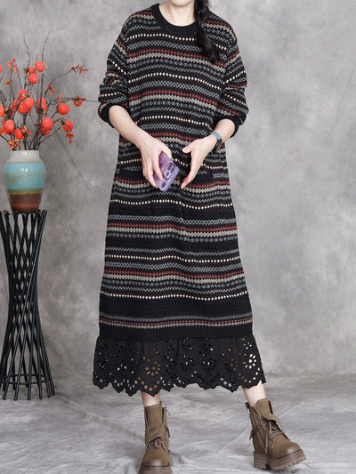 Women Autumn Artsy Stripe O-Neck Spliced Wool Dress