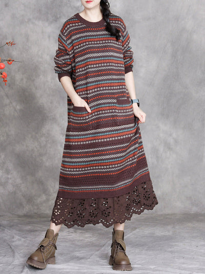 Women Autumn Artsy Stripe O-Neck Spliced Wool Dress