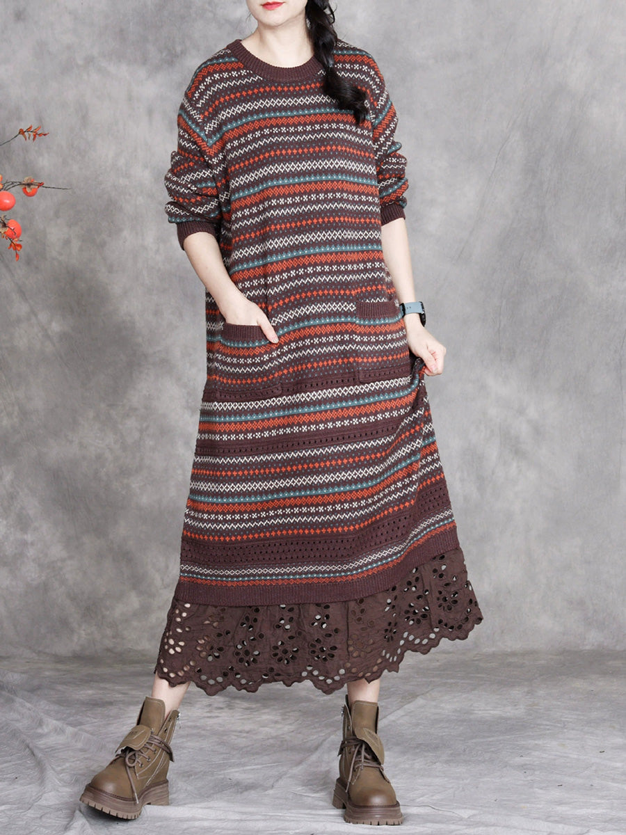 Women Autumn Artsy Stripe O-Neck Spliced Wool Dress