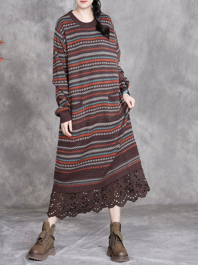 Women Autumn Artsy Stripe O-Neck Spliced Wool Dress