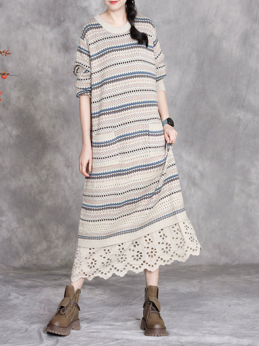 Women Autumn Artsy Stripe O-Neck Spliced Wool Dress