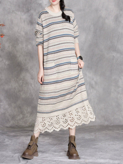 Women Autumn Artsy Stripe O-Neck Spliced Wool Dress