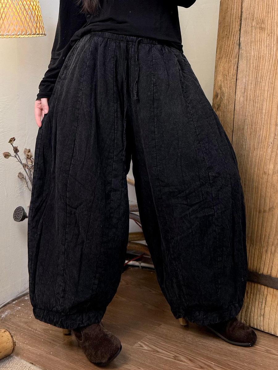 Women Autumn Retro Linen Spliced Harem Padded Pants