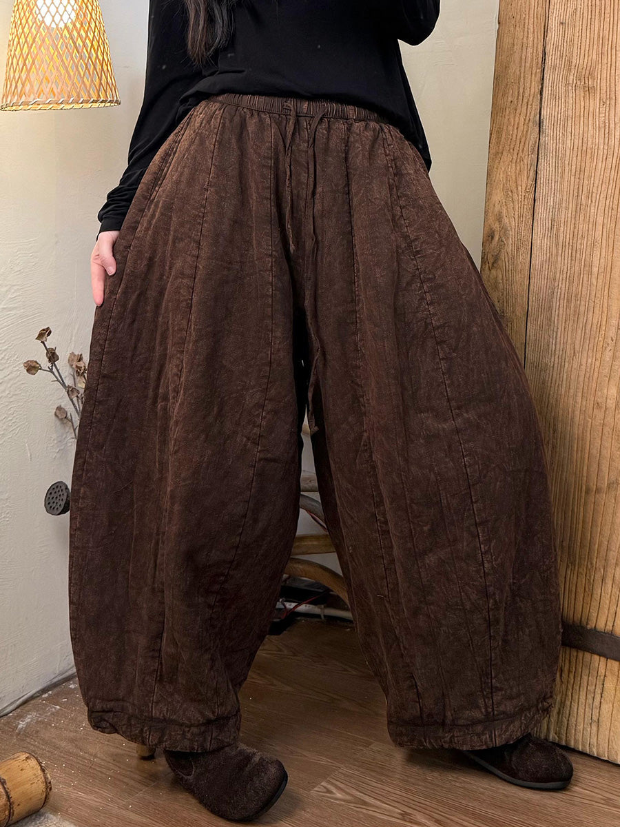 Women Autumn Retro Linen Spliced Harem Padded Pants
