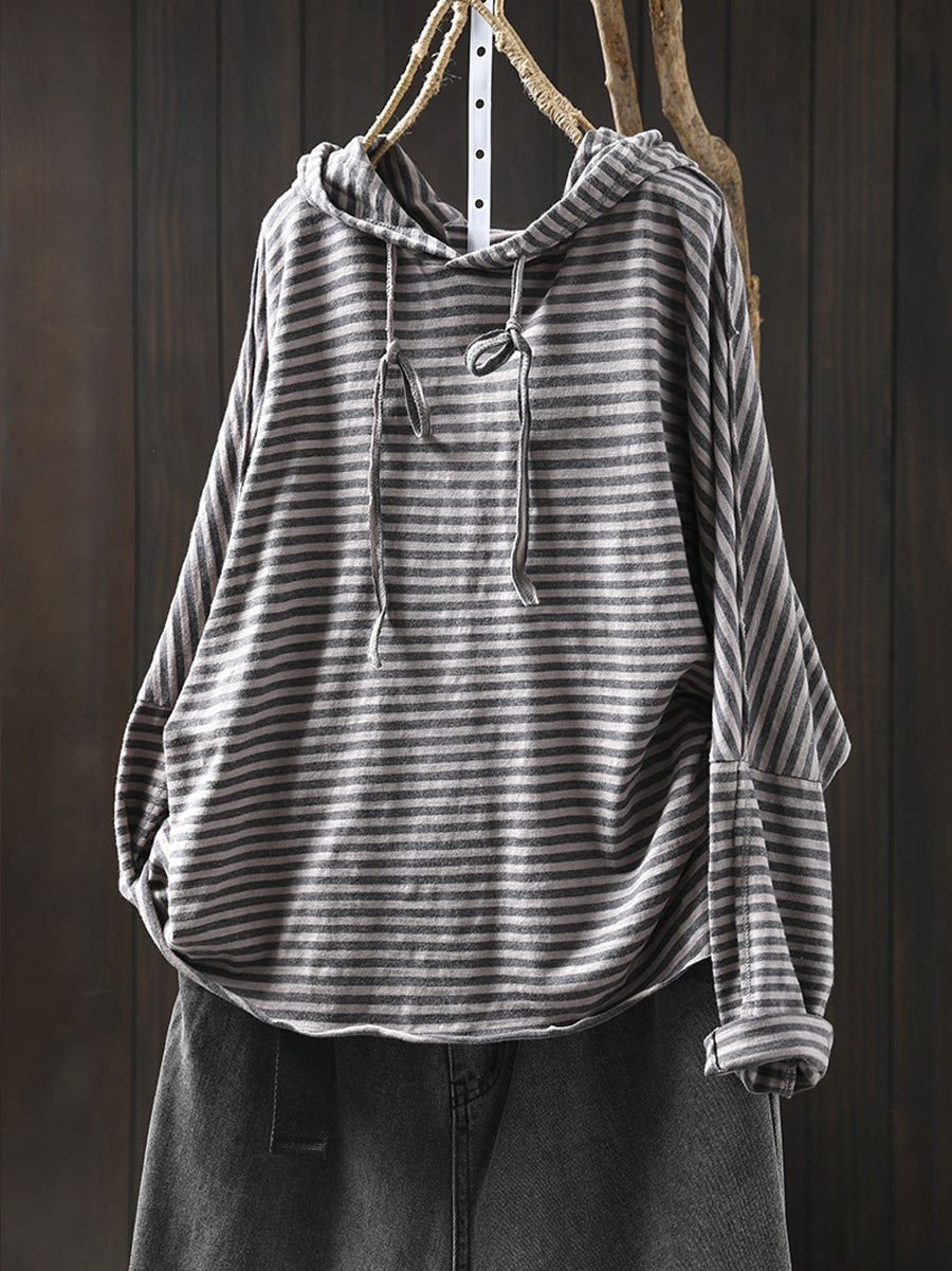Plus Size Women Autumn Artsy Stripe Cotton Hooded Shirt