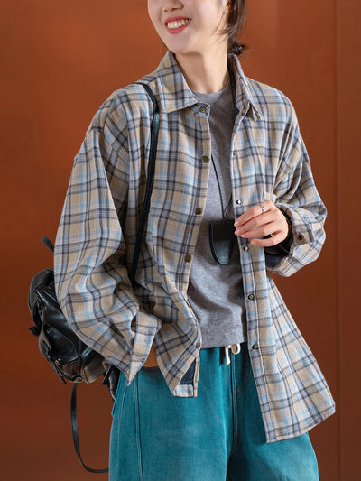 Women Vintage Autumn Plaid Fleece-lined Cotton Shirt