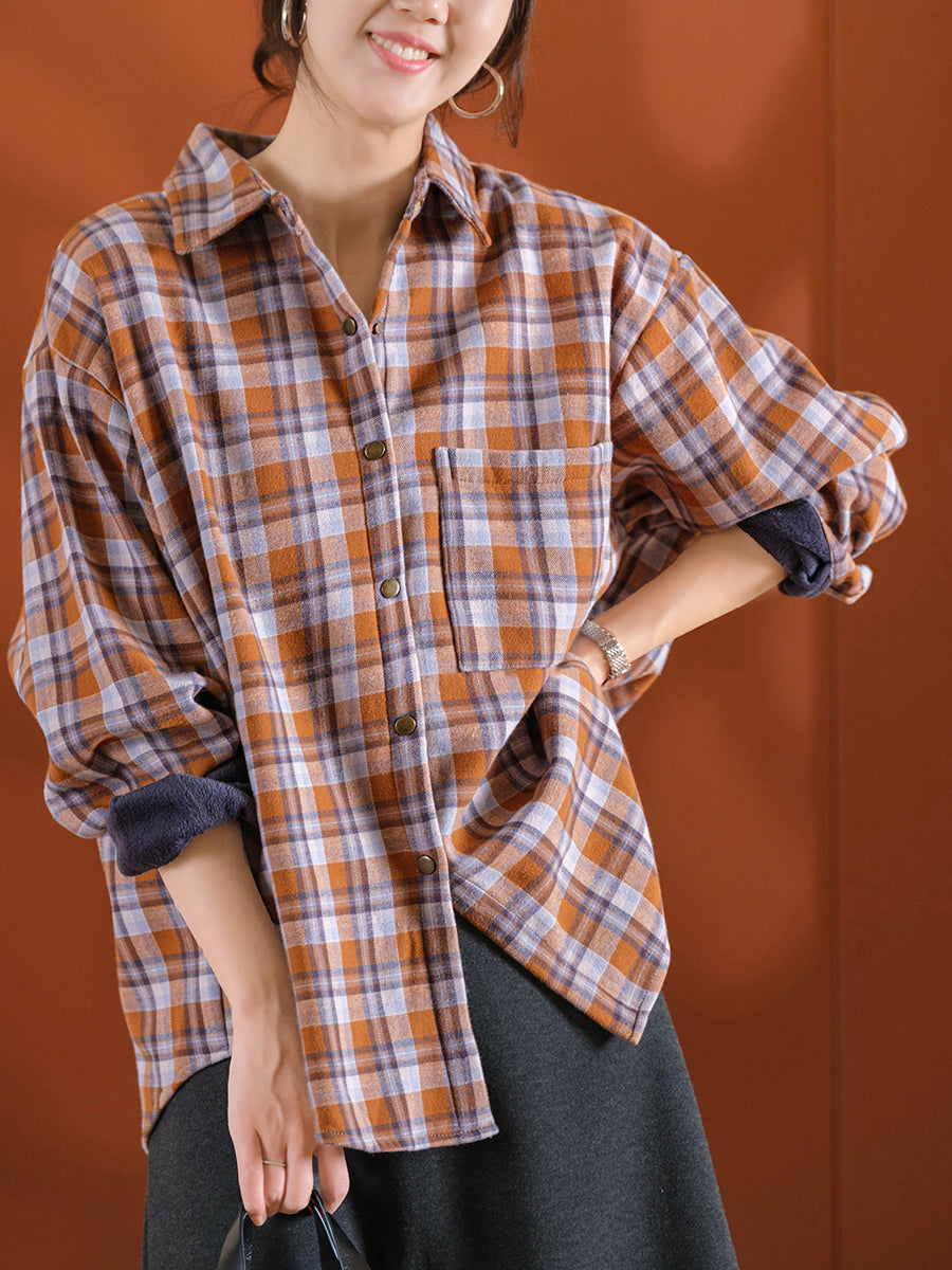 Women Vintage Autumn Plaid Fleece-lined Cotton Shirt