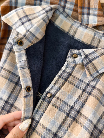 Women Vintage Autumn Plaid Fleece-lined Cotton Shirt