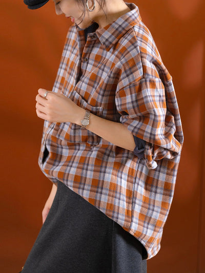 Women Vintage Autumn Plaid Fleece-lined Cotton Shirt