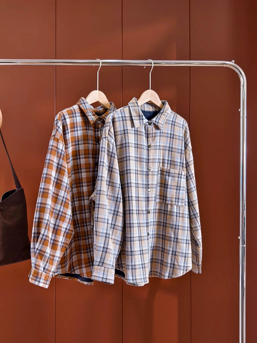 Women Vintage Autumn Plaid Fleece-lined Cotton Shirt