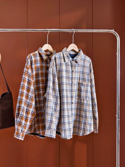 Women Vintage Autumn Plaid Fleece-lined Cotton Shirt