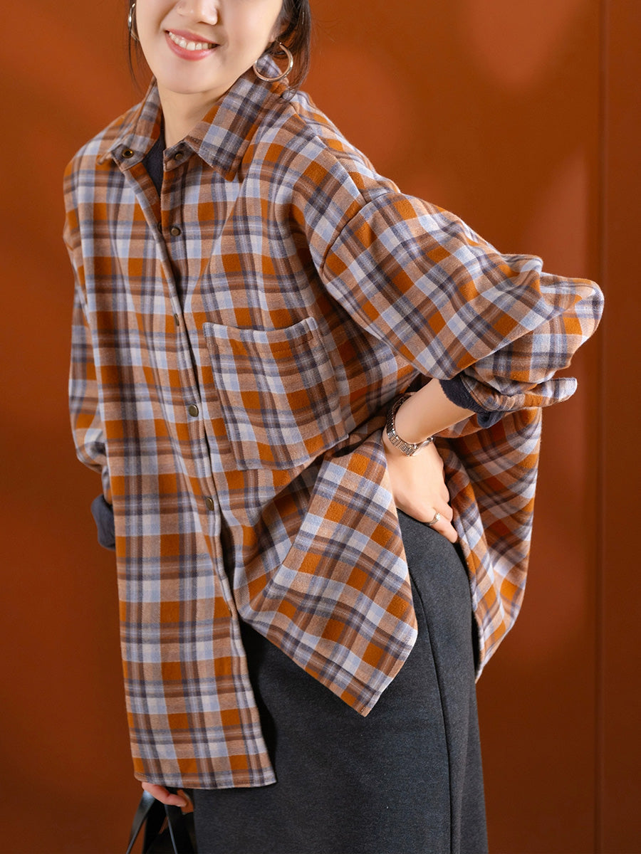 Women Vintage Autumn Plaid Fleece-lined Cotton Shirt