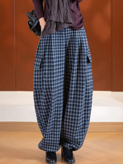 Women Vinage Autumn Plaid Harem Loose Pants