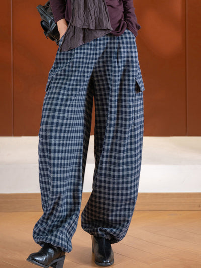 Women Vinage Autumn Plaid Harem Loose Pants
