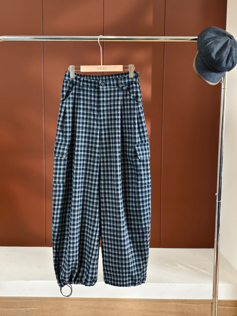 Women Vinage Autumn Plaid Harem Loose Pants