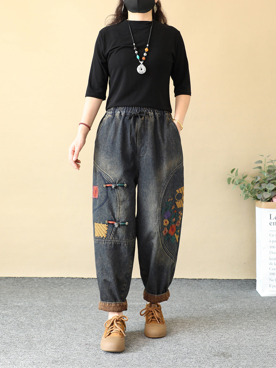 Women Winter Flower Embroidery Fleece-lined Harem Pants