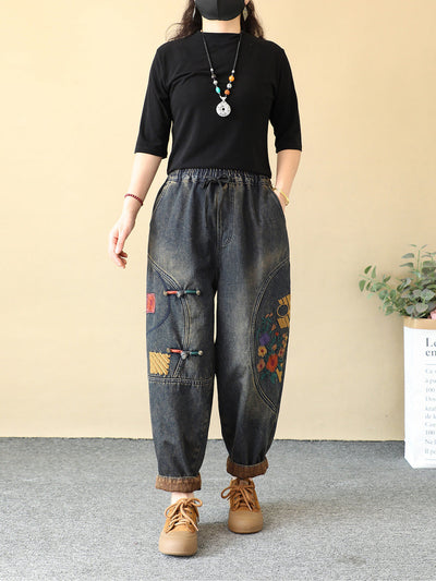 Women Winter Flower Embroidery Fleece-lined Harem Pants