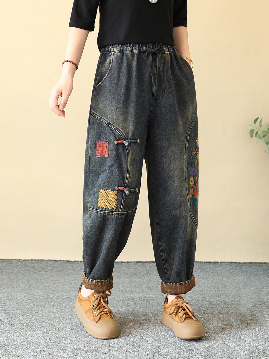 Women Winter Flower Embroidery Fleece-lined Harem Pants