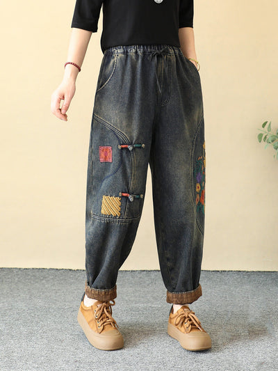 Women Winter Flower Embroidery Fleece-lined Harem Pants