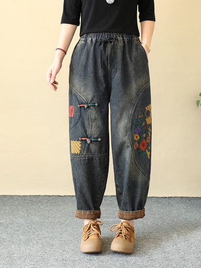 Women Winter Flower Embroidery Fleece-lined Harem Pants