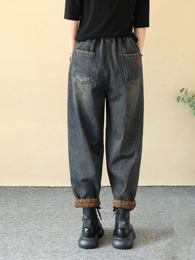 Women Winter Flower Embroidery Fleece-lined Harem Pants