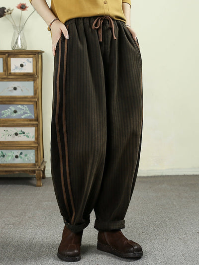 Women Winter Vintage Stripe Padded Harem Pants