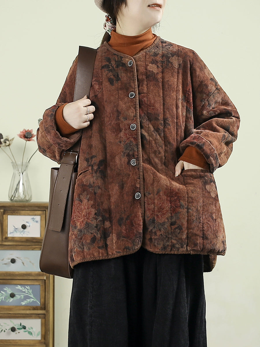 Women Vintage Winter Flower Corduroy O-Neck Padded Coat