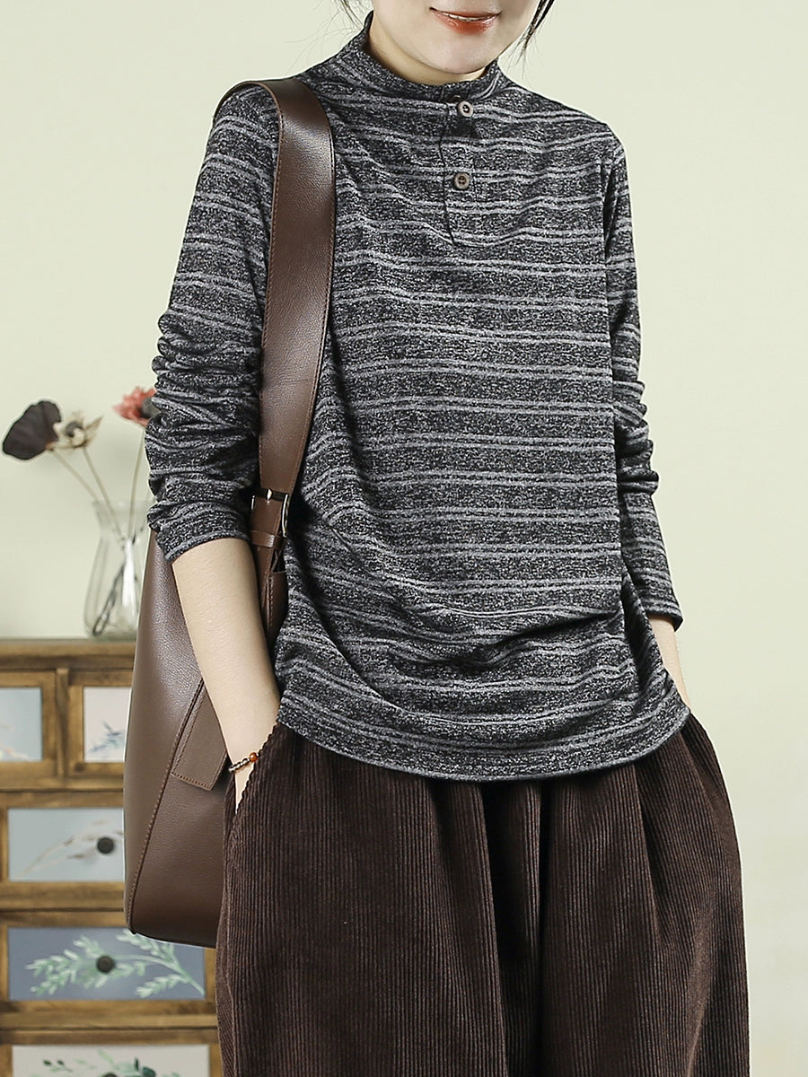 Women Vintage Autumn Stripe Half-turtleneck Cotton Blouse