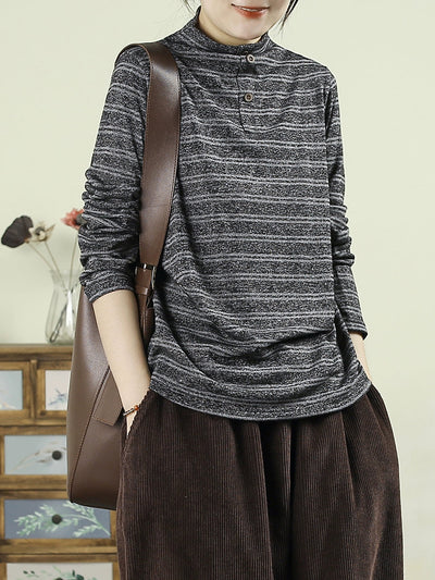 Women Vintage Autumn Stripe Half-turtleneck Cotton Blouse