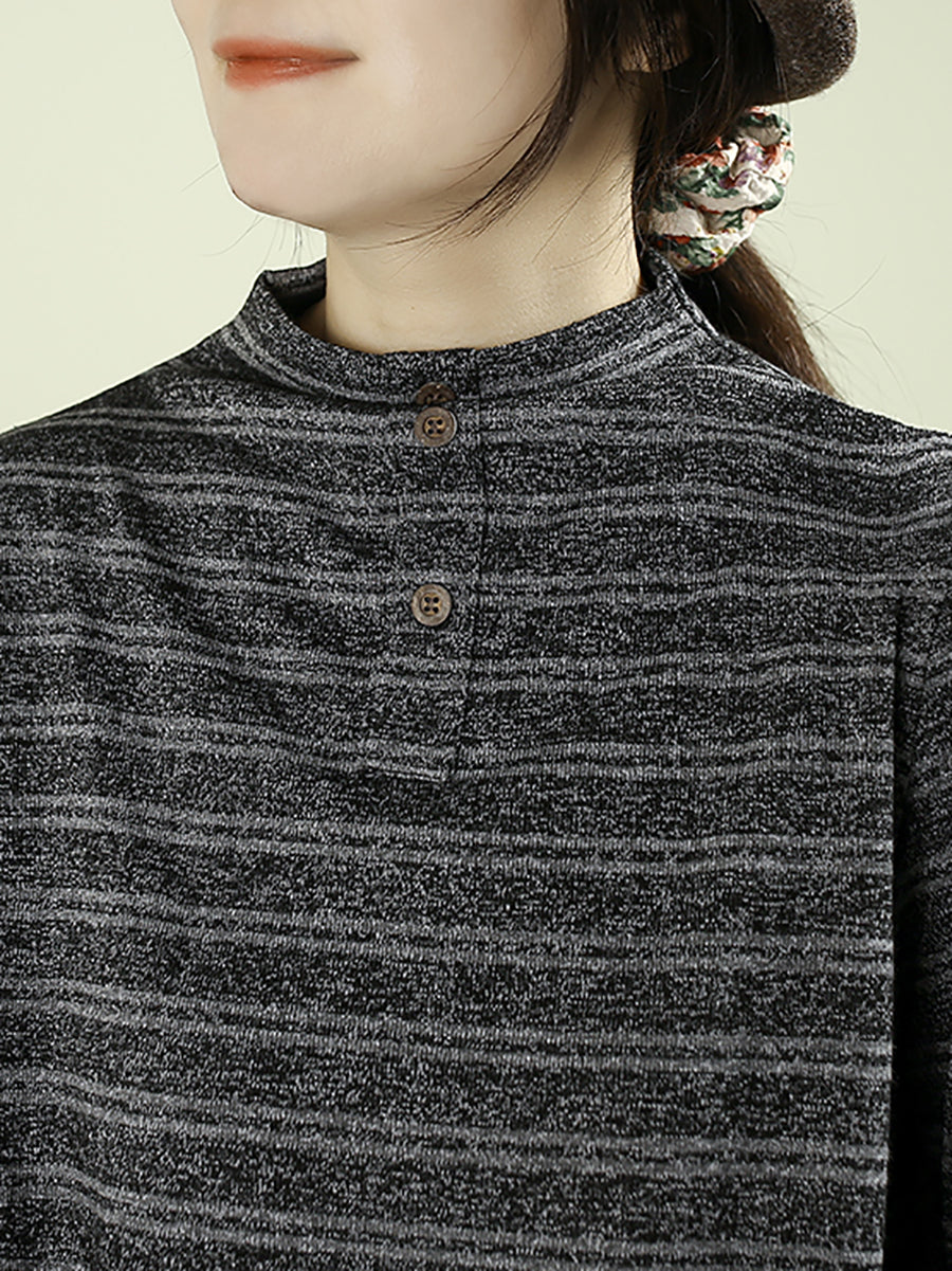 Women Vintage Autumn Stripe Half-turtleneck Cotton Blouse