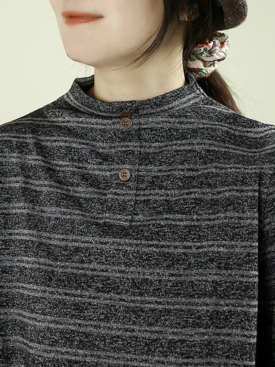 Women Vintage Autumn Stripe Half-turtleneck Cotton Blouse