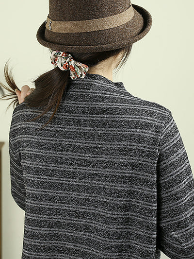 Women Vintage Autumn Stripe Half-turtleneck Cotton Blouse