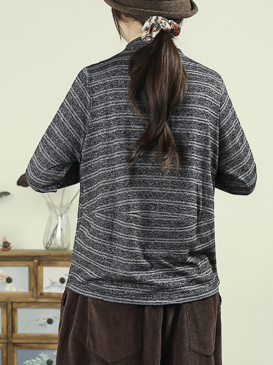 Women Vintage Autumn Stripe Half-turtleneck Cotton Blouse