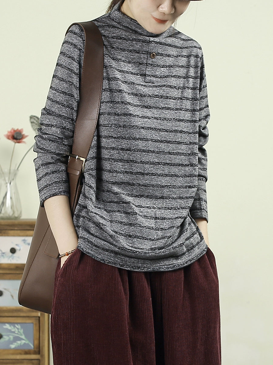 Women Vintage Autumn Stripe Half-turtleneck Cotton Blouse