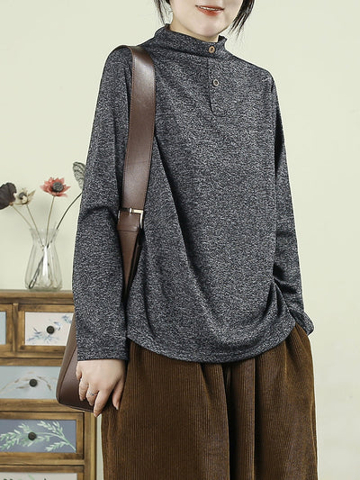 Women Vintage Autumn Stripe Half-turtleneck Cotton Blouse