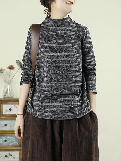 Women Vintage Autumn Stripe Half-turtleneck Cotton Blouse