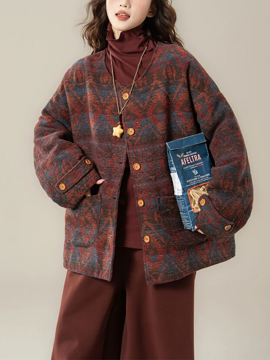 Women Winter Ethnic Print O-Neck Padded Coat