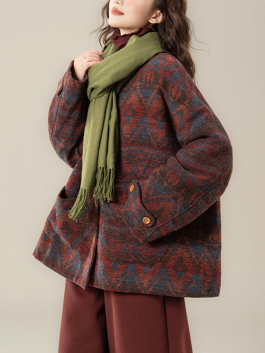 Women Winter Ethnic Print O-Neck Padded Coat